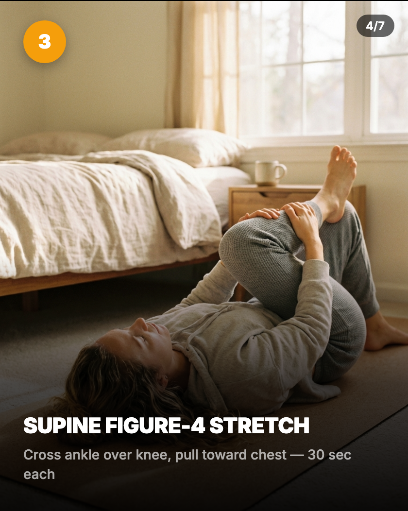 Supine figure-4 stretch — lying on back performing piriformis stretch with hands pulling thigh