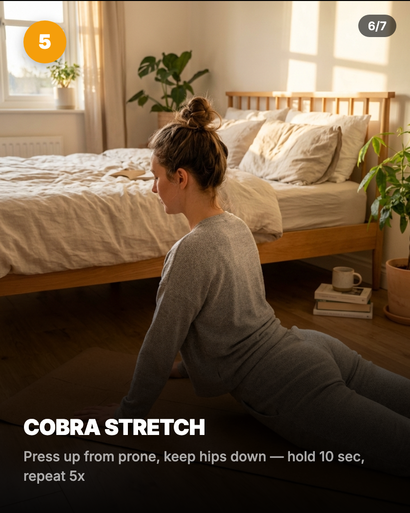 Cobra pose for sciatica — lying face down pressing upper body up with arms, hips on floor