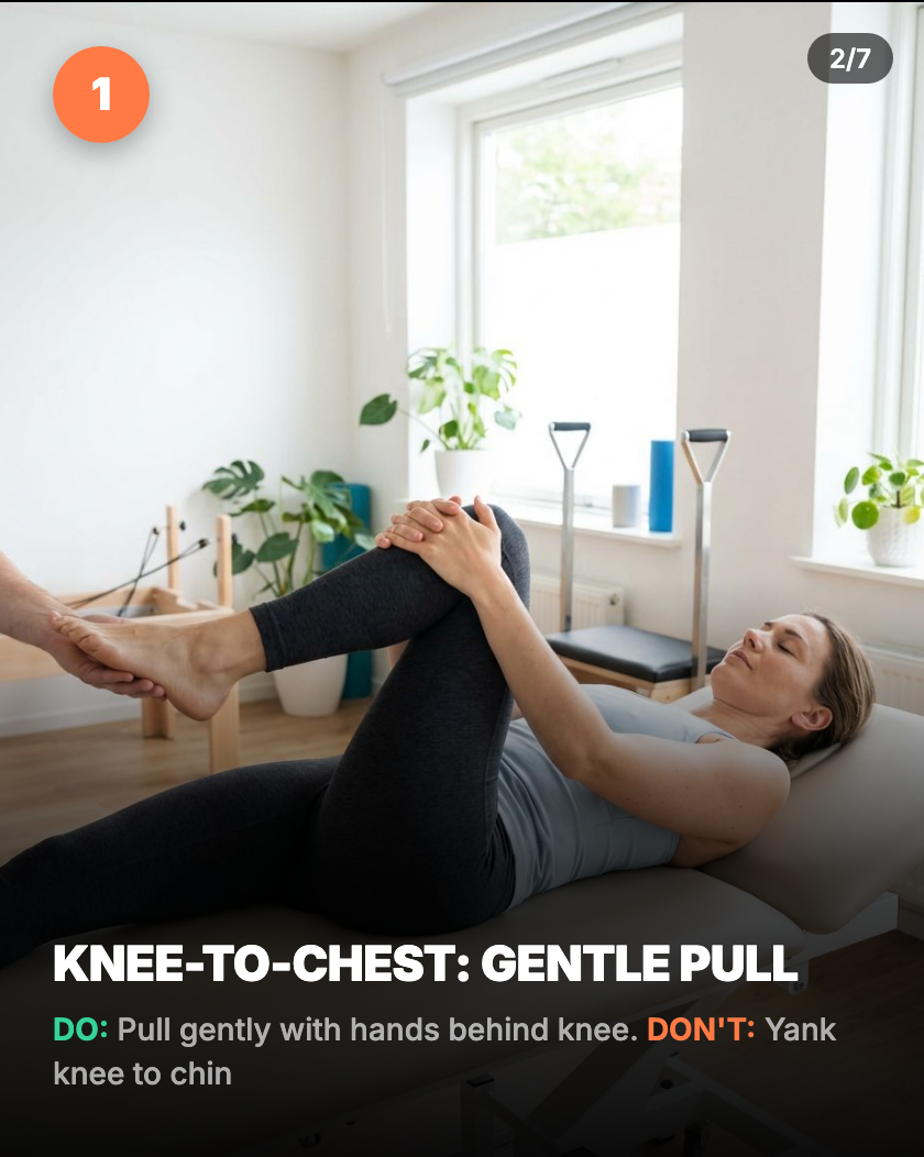 Knee-to-chest correct form — pulling gently with hands behind knee