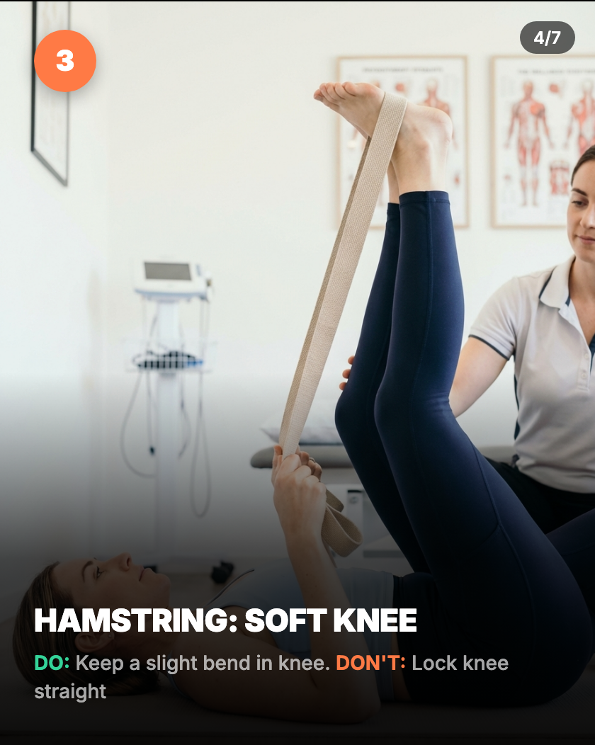 Hamstring stretch correct form — slight bend in knee, using strap
