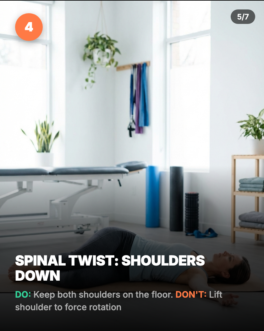 Spinal twist correct form — both shoulders pressed flat on floor