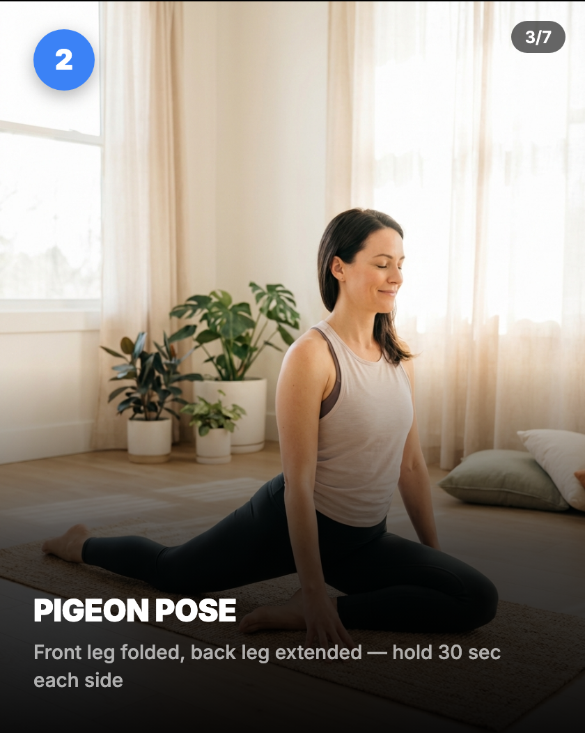 Pigeon pose for sciatica — front leg folded, back leg extended, deep hip stretch