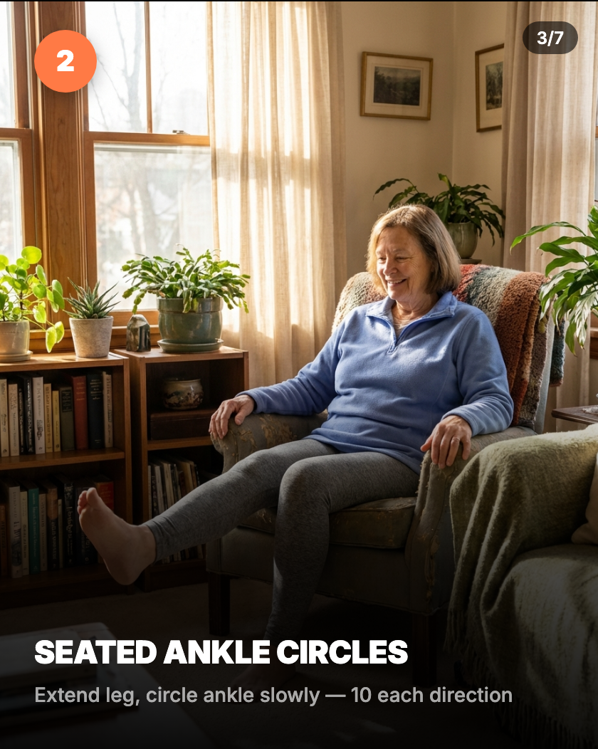 Seated ankle circles — sitting in chair with one leg extended, rotating foot slowly