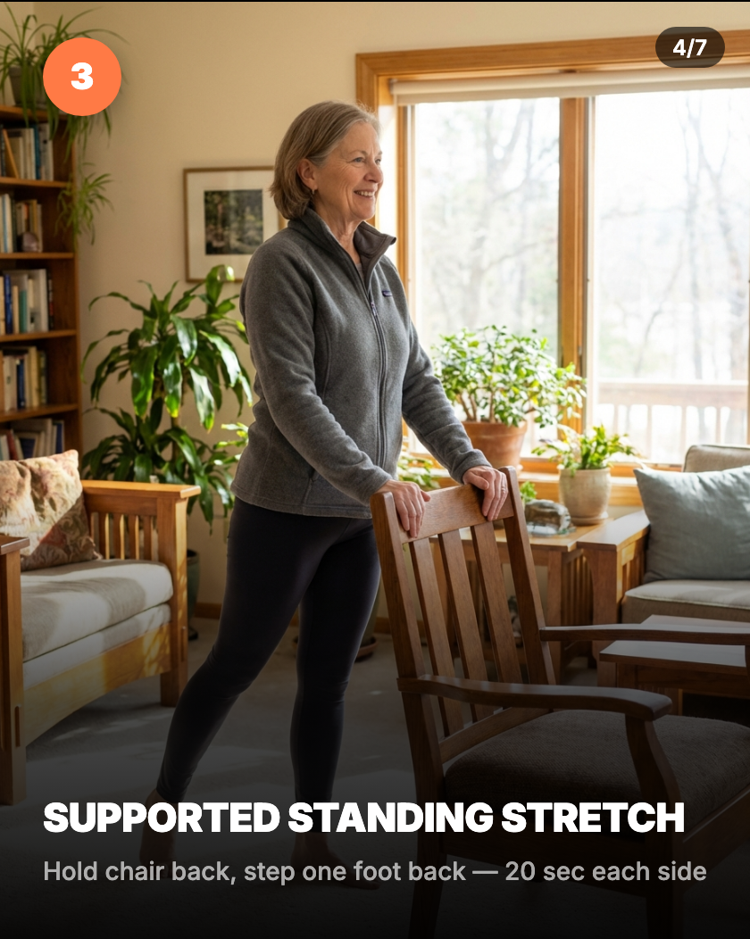 Supported standing stretch — holding chair back, stepping one foot back in gentle calf stretch