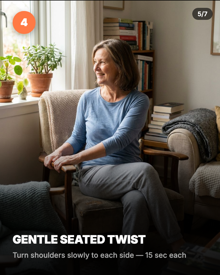 Gentle seated twist — sitting in chair, rotating upper body to one side