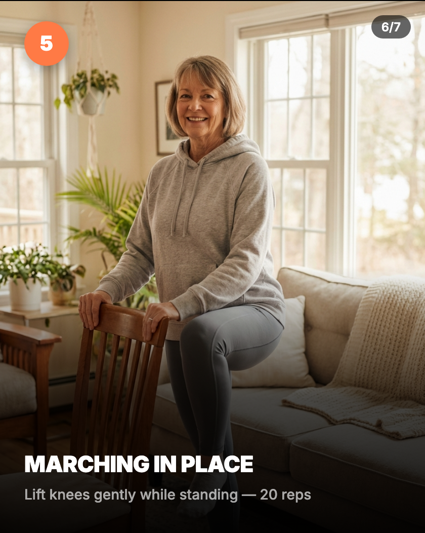 Marching in place — standing beside chair for support, lifting knees gently