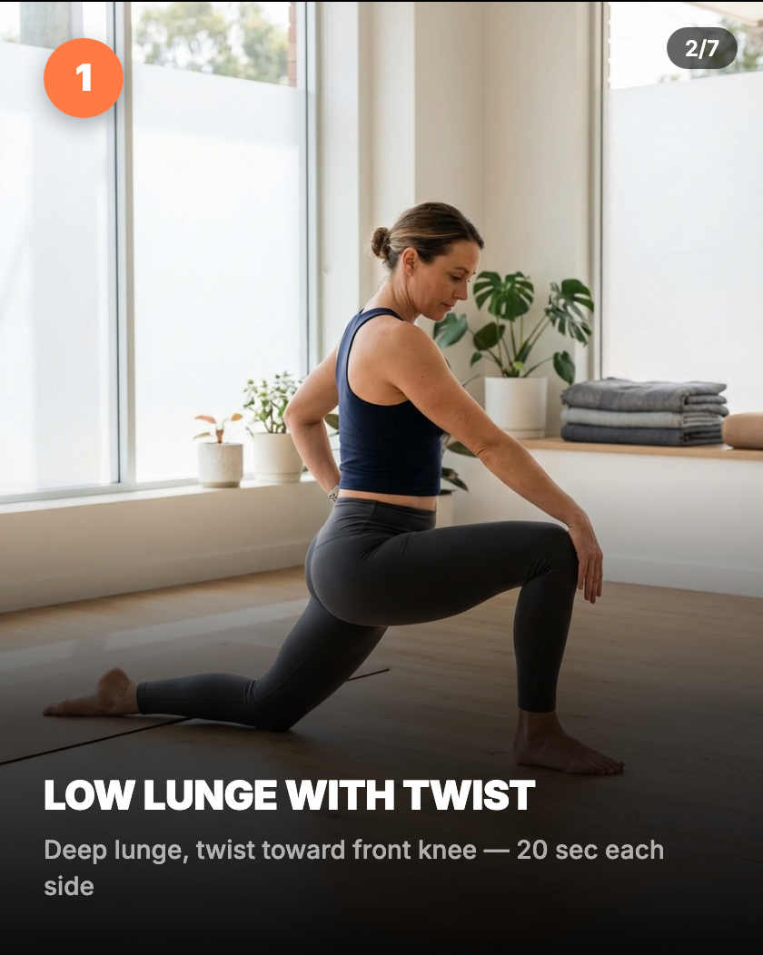 Low lunge with twist — deep lunge with torso rotation toward front knee
