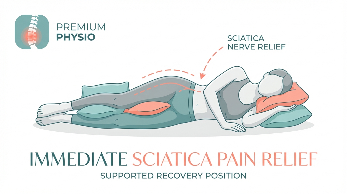 Illustrated guide showing a supported side-lying recovery position for immediate sciatica pain relief